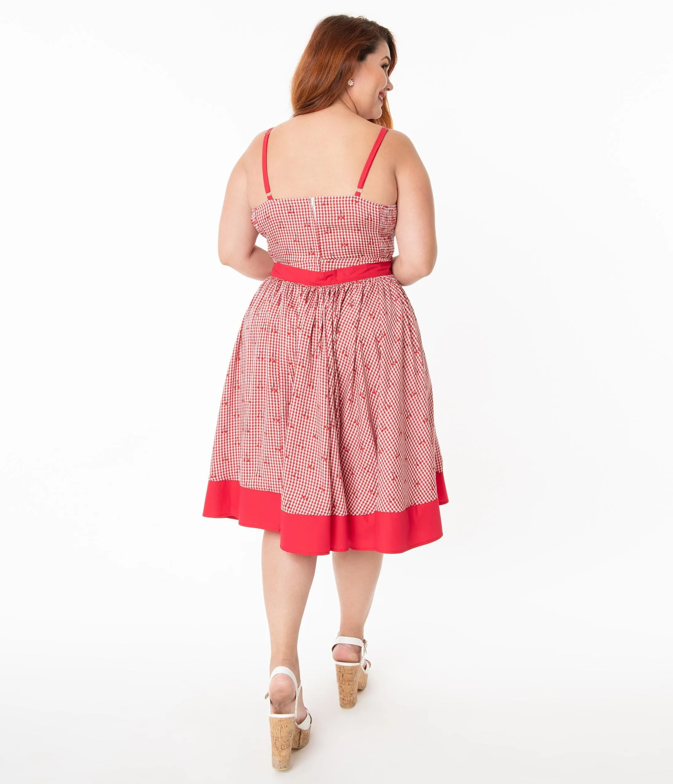 Unique Vintage Plus Size Red Gingham & Cherry Print Rye Swing Skirt