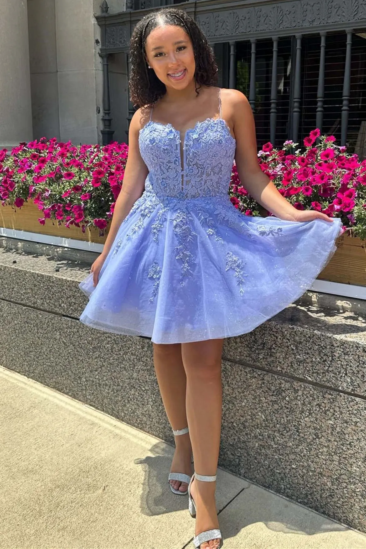 V Neck Open Back Blue Lace Prom Dress, Blue Lace Homecoming Dress, Short Blue Formal Graduation Evening Dress A1930