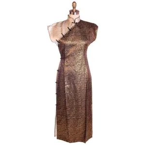 Vintage 1950s Metallic Cheongsam Qipao Copper Brown Damask Dress  34-28-37