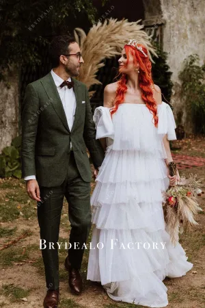 White Off Shoulder Layered Tulle Long Train Bridal Dress