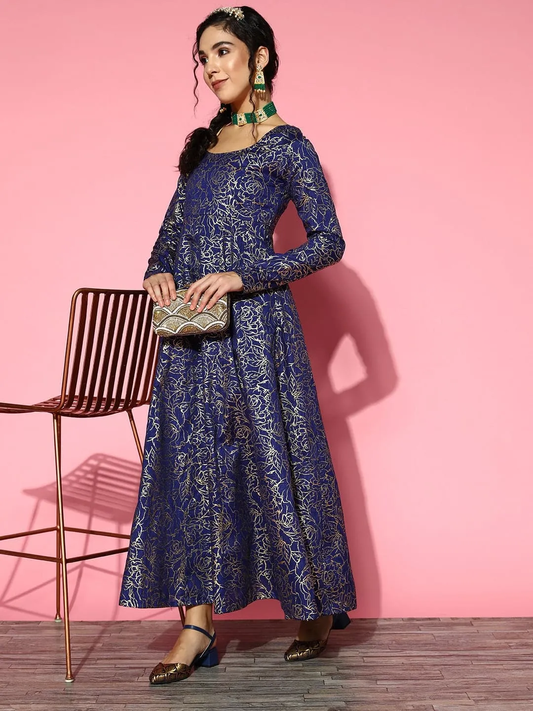 Women Navy Chanderi Foil Anarkali Maxi Dress