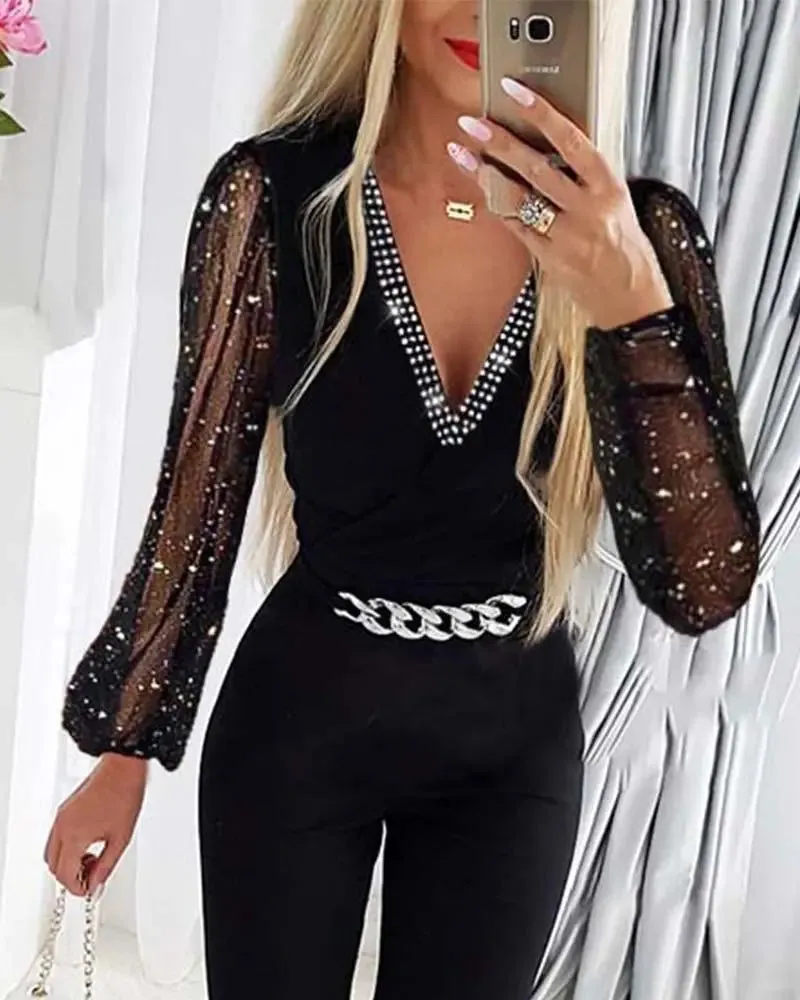 Women's Black Rhinestone Glitter Jumpsuit